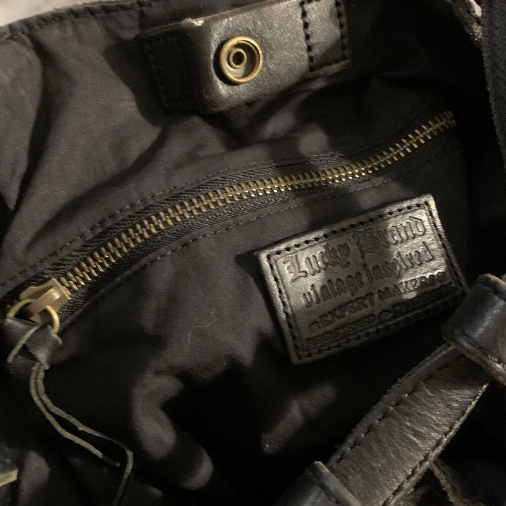 VTG Lucky Brand Leather Canvas Backpack Bag Floral Black Red Y2K Boho Drawstring - Picture 16 of 16